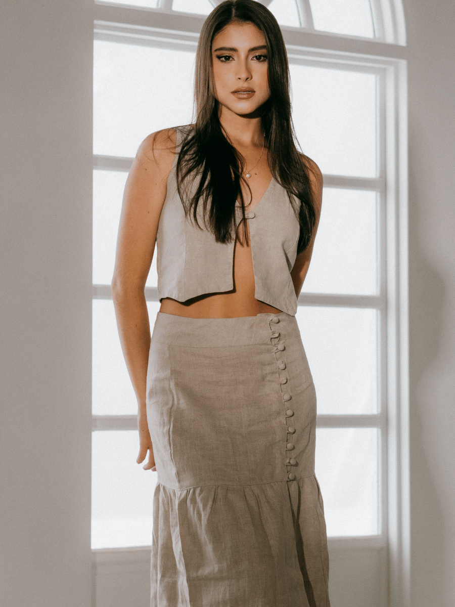 Falda larga en lino abertura frontal Eterno Verano