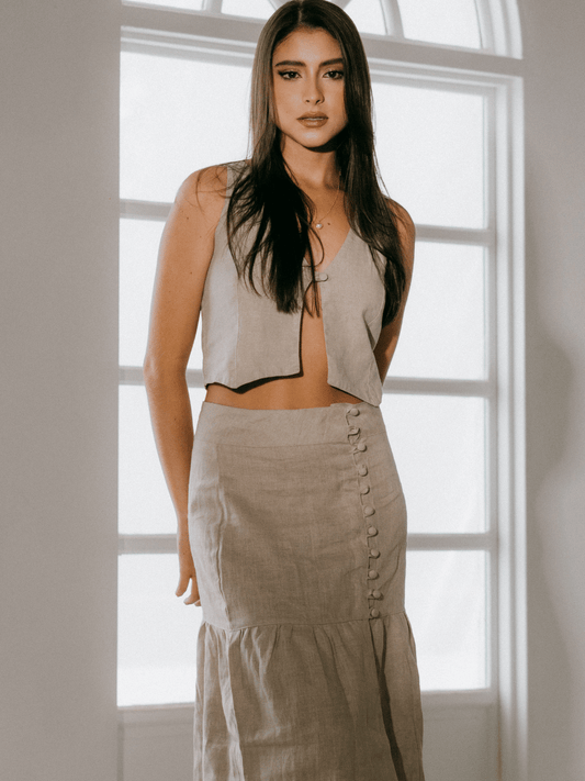 Falda larga en lino abertura frontal Eterno Verano