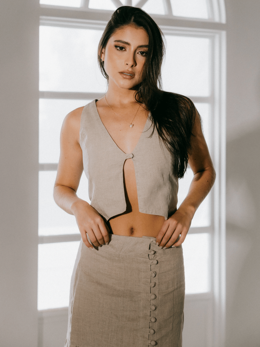 Falda larga en lino abertura frontal Eterno Verano